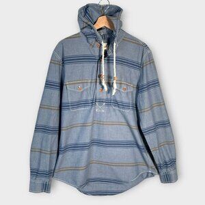 LANDS END CANVAS Half Button Up Hooded Shirt Mens LARGE Blue Striped Coastal